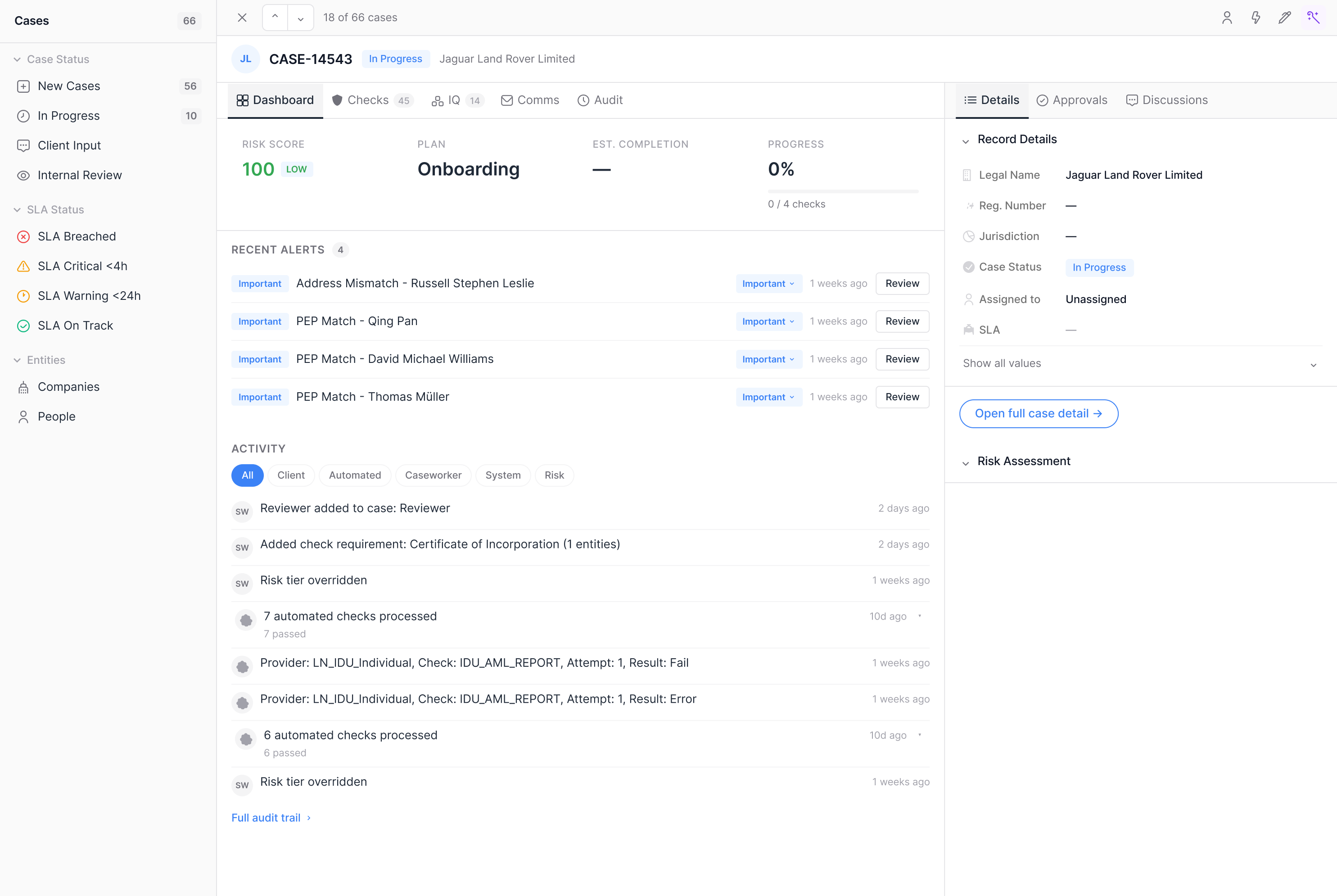 Compliance Hub dashboard showing case management, risk scores, and alerts